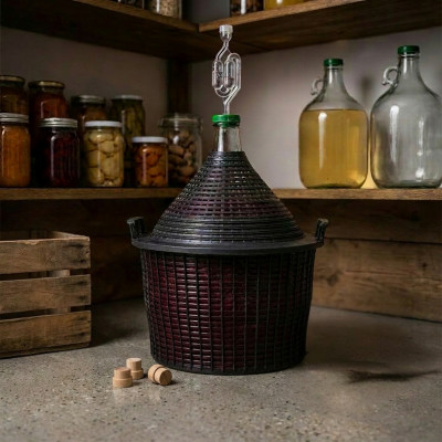 Szklany balon na wino w koszu plastikowym gąsior 20L