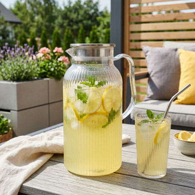 Dzbanek do soku lemoniady plastikowy z metalową pokrywką prążkowany 2l