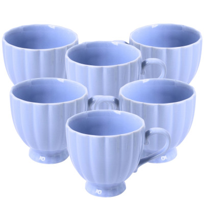 Zestaw 6 niebieskich kubków ceramicznych do kawy i herbaty na stopce 250 ml