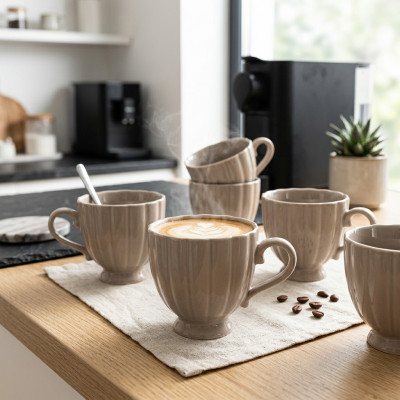 Zestaw 6 kubków ceramicznych do kawy i herbaty na stopce cappuccino 250 ml