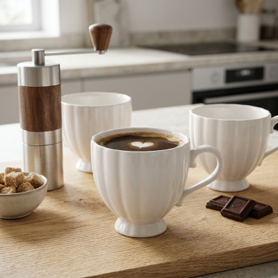 Zestaw 6 białych kubków ceramicznych do kawy i herbaty na stopce 250 ml