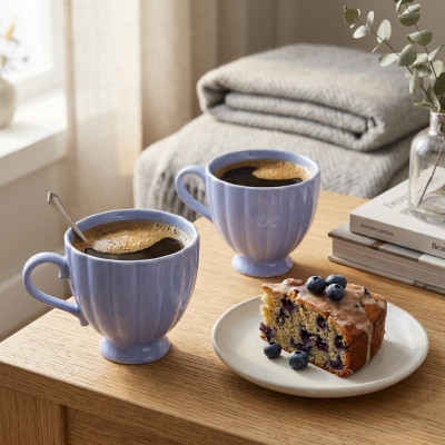 Zestaw 6 niebieskich kubków ceramicznych do kawy i herbaty na stopce 250 ml