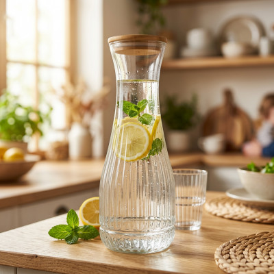 Karafka szklana ryflowana z bambusową pokrywką 1l