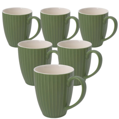 Zestaw 6 zielonych kubków ceramicznych w prążki 360 ml