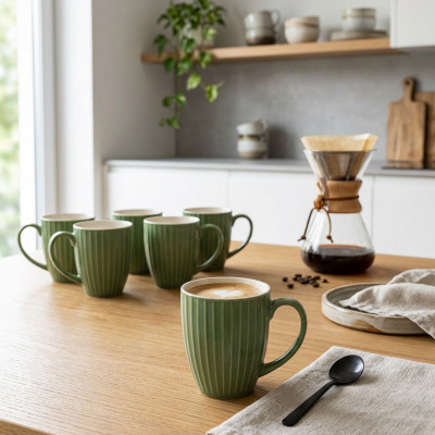 Zestaw 6 zielonych kubków ceramicznych w prążki 360 ml
