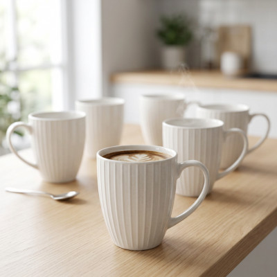 Zestaw 6 białych kubków ceramicznych w prążki 360 ml