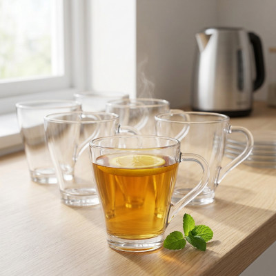 Zestaw 6 szklanych kubków z uchem 250 ml na herbatę kawę