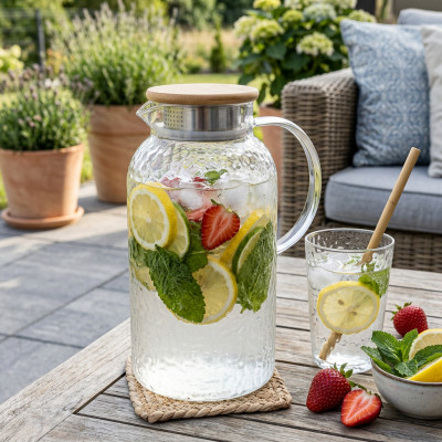 Szklany dzbanek z bambusową pokrywką kamyki 1,6l