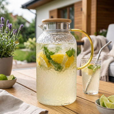 Szklany dzbanek z bambusową pokrywką i złotym uchem kamyki 1,6l