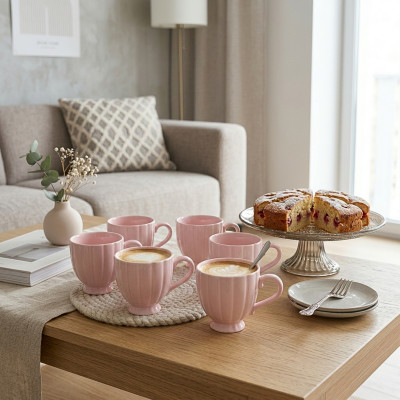 Zestaw 6 różowych kubków ceramicznych do kawy i herbaty na stopce 250 ml