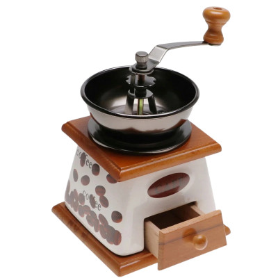 Ręczny młynek do kawy vintage ceramika i drewno z szufladką Coffee
