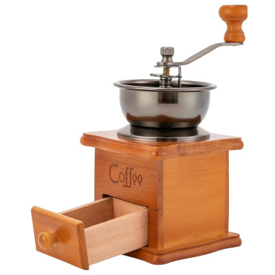 Ręczny młynek do kawy drewniany retro z szufladką 16 cm