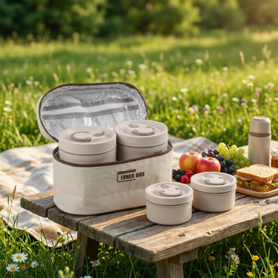 Zestaw 4 pojemników lunchbox w torbie termicznej beżowy 2x55o ml, 2x350 ml