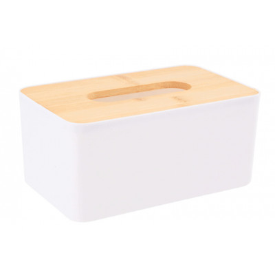 Biały pojemnik na chusteczki z bambusową pokrywką 21 × 13 × 10 cm
