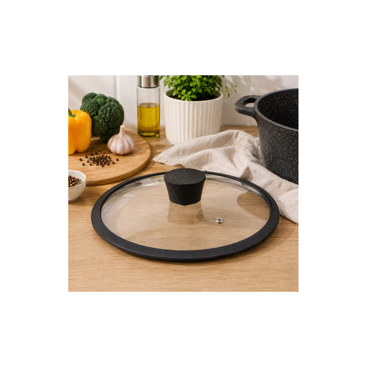 Szklana pokrywka z silikonowym rantem 24 cm, czarna