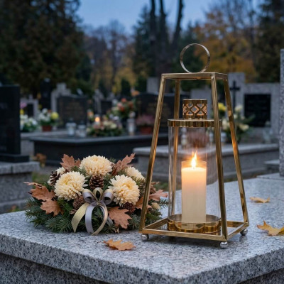 Znicz lampion nagrobny metalowy złoty 30 cm