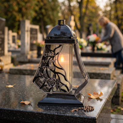 Znicz lampion Jezu ufam Tobie czarny 24 cm bez wkładu