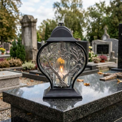 Znicz lampion z drzewem życia czarny 34 cm bez wkładu