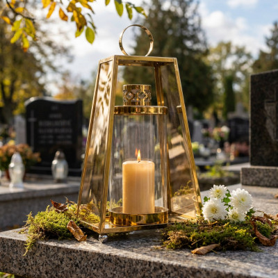 Znicz lampion nagrobny metalowy złoty 30 cm