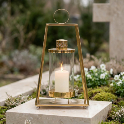 Znicz lampion nagrobny metalowy złoty 32 cm