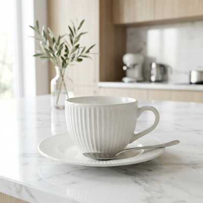Filiżanka porcelanowa ze spodkiem 260 ml – kremowa prążkowana