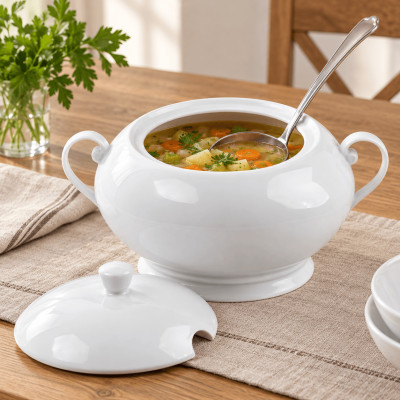 Biała waza do zupy porcelanowa z pokrywką 2 l