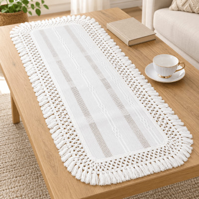 Bieżnik Scandi z ażurowym wykończeniem 60 × 120 cm kremowo-biały