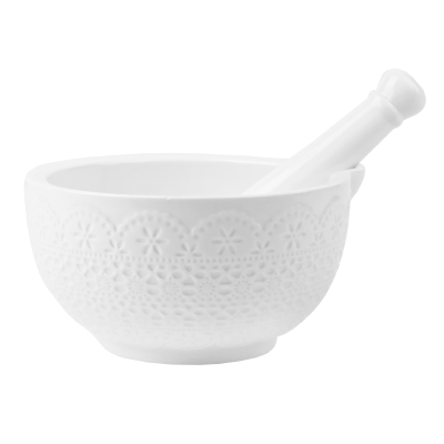 Moździerz kuchenny do przypraw z tłuczkiem ceramiczny koronka biały 18x9 cm